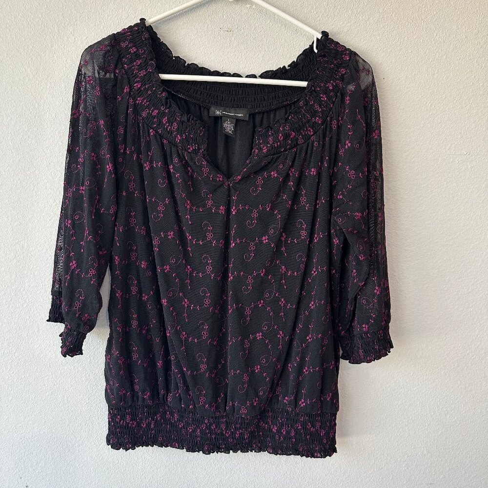 INC Black with Purple Embroidery Blouse Large